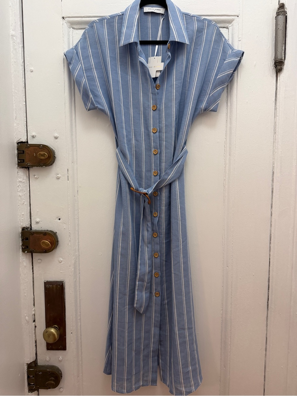 Blue and white linen blend dress with Belt